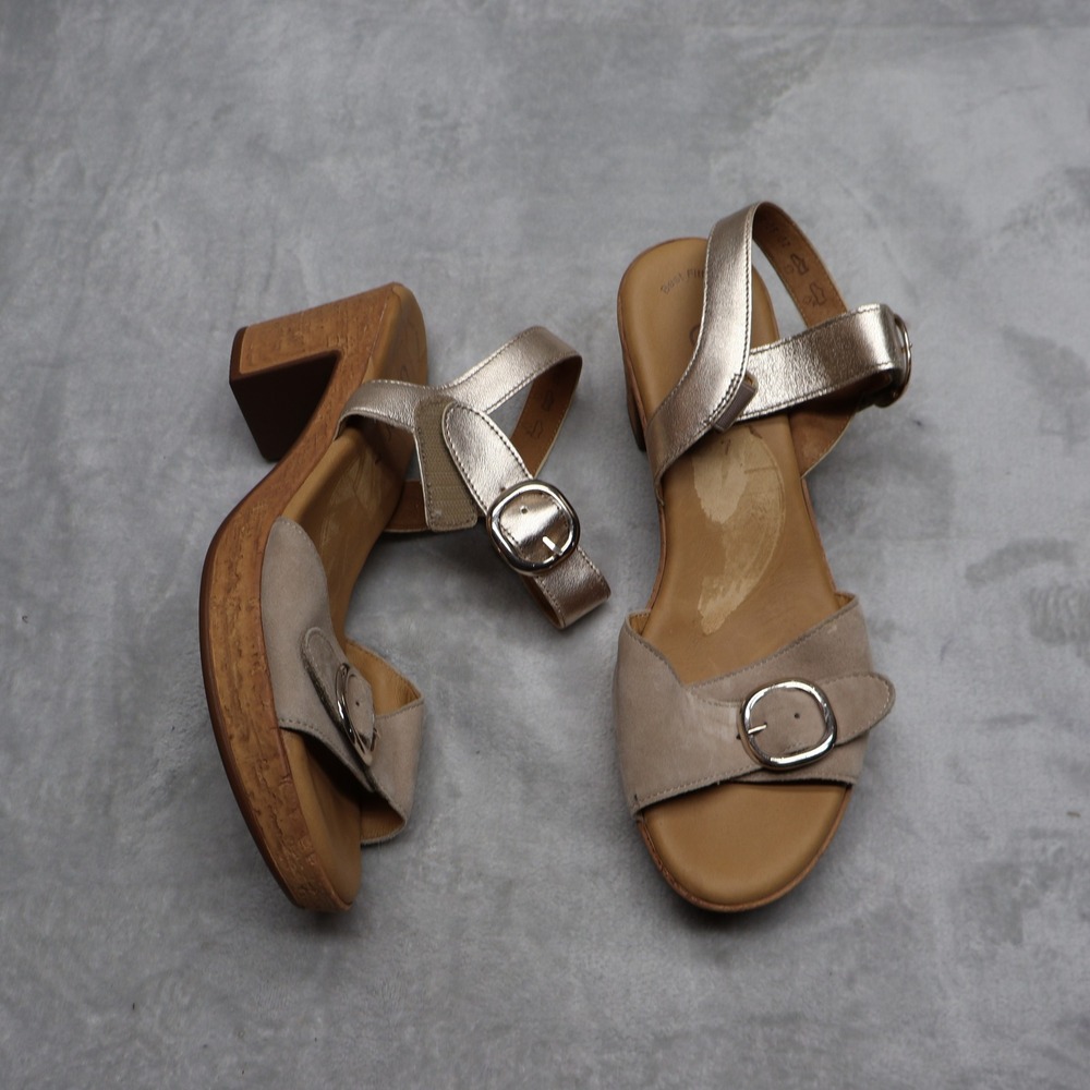 Gabor Sandals Mens 7 Beige Metallic Suede Cork Platform Block Heel Buckle Retro